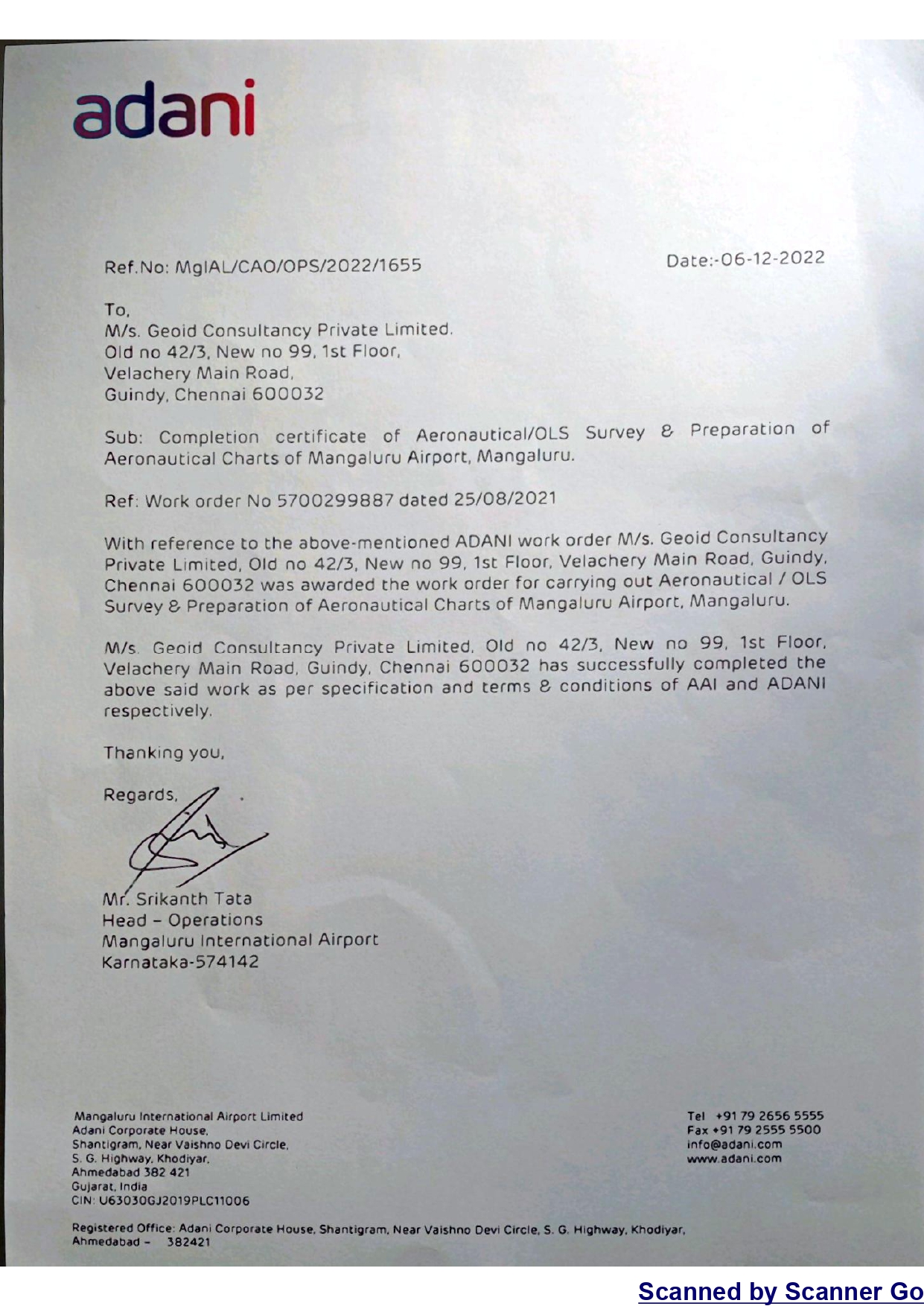 Mangaluru Airport - OLS Survey Work Completion Certificate