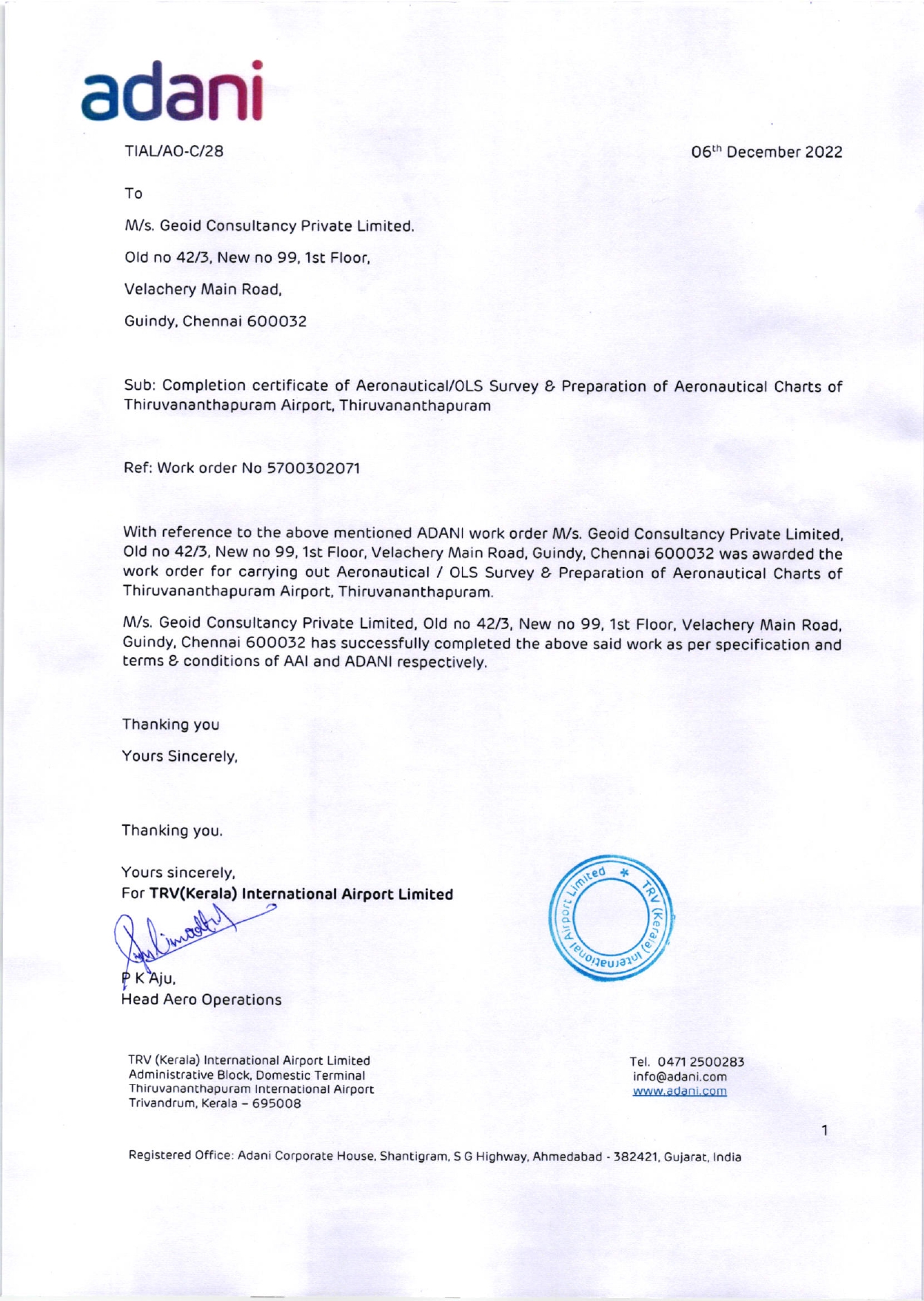 Thiruvananthapuram Airport - OLS Survey Work Completion Certificate